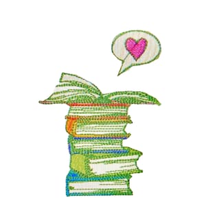Peut inclure: Une pile de livres colorés avec une bulle de dialogue au-dessus contenant un cœur rose. Les livres sont verts, bleus, orange et jaunes.
