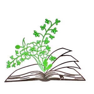 Peut inclure: Un livre ouvert avec des feuilles vertes et des fleurs blanches qui poussent des pages.