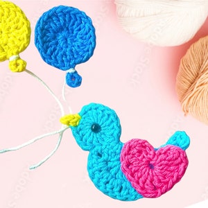 Applique oiseau au crochet, applique oiseau bleu et coeur, motifs de ballons, couture, tricot, fabrication de cartes, scrapbooking, création d'oiseaux, fournitures de bricolage