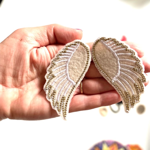 Patch with archangel wings. Silver/gold metal angel wing patch. Small attached wings. Embroidered patches on wings. DIY mini wing patch