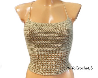 Golden crochet halter top with mesh and tie detailing