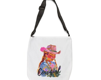 Cowgirl met vlecht en wilde bloemen - verstelbare draagtas (AOP)