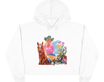 Sweat à capuche court - Cowgirl pastel à cheval avec fleurs sauvages