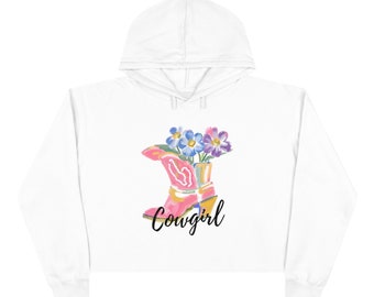 Crop Hoodie - Pastel Cowgirl Boots with Wildflowers