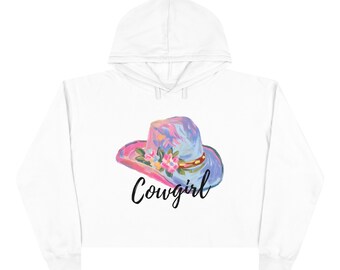 Crop Hoodie - Pastel Cowgirl Hat with Wildflowers