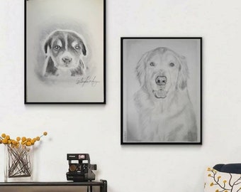 Dog portrait commissioned art, custom and personally made black and white or colourful background, framable decoration, special gift