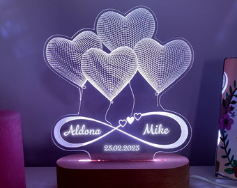 Lampe LED illusion 3D personnalisée, enseigne lumineuse, cadeau de couple, cadeau pour elle, cadeau d'anniversaire, coeur infini, cadeau de Saint-Valentin pour lui