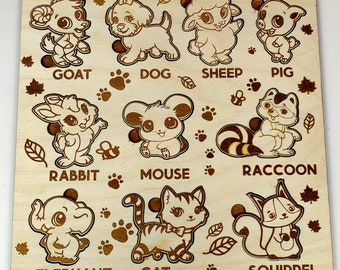 May include: Wooden puzzle board with nine animal shapes to match. The animals include a goat, dog, sheep, pig, rabbit, mouse, raccoon, elephant, cat, and squirrel. Each animal is labeled with its name.