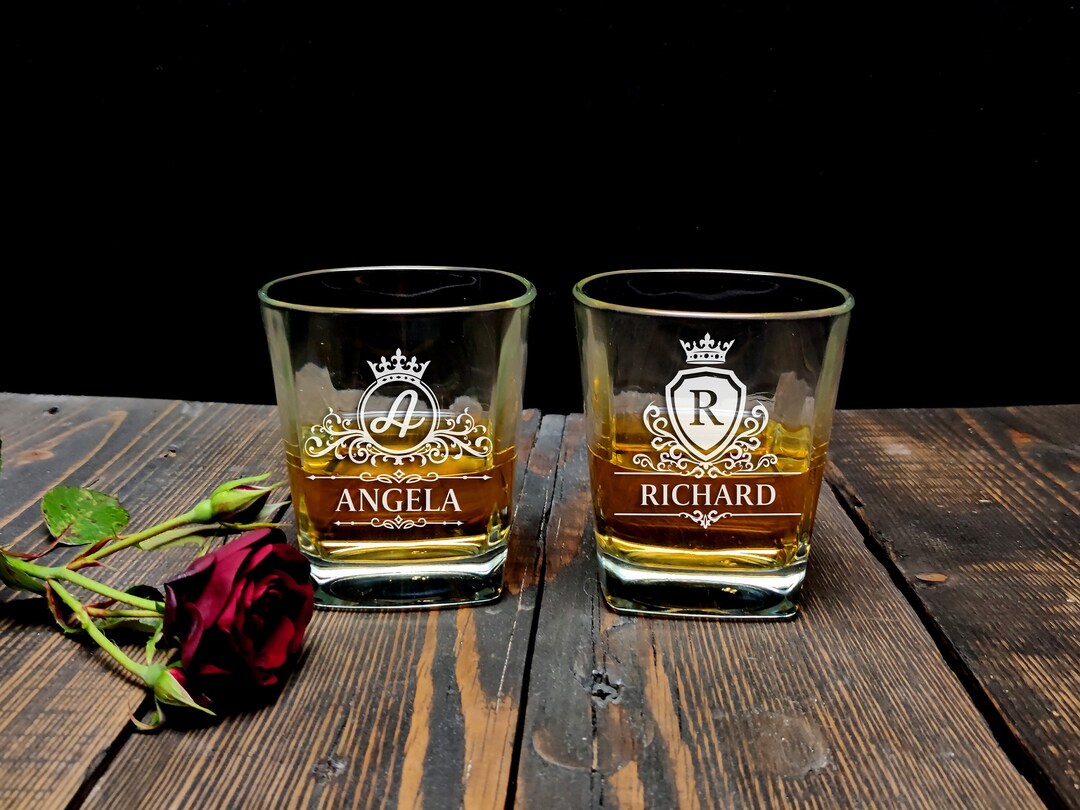 Personalized Couples Whiskey Glasses set of TWO Engraved Double Side Square Custom Couple Glass ...