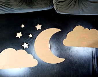 Lampe murale personnalisée sans fil ou avec câble, lampe lune et nuage en bois, lampe de bébé, veilleuse pour chambre d'enfant, veilleuse de chambre de bébé