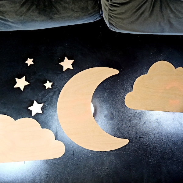 Lampe murale personnalisée sans fil ou avec câble, lampe lune et nuage en bois, lampe de bébé, veilleuse pour chambre d'enfant, veilleuse de chambre de bébé