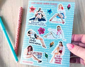 Sassy Vintage Women Sticker Sheet - Say it like it is with this collection of sarcastic and sassy retro, vintage pin-up ladies