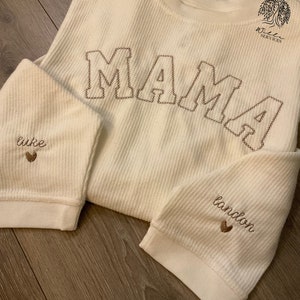 MAMA Corded Sweatshirt with Kids Name Sleeves, Embroidered, corduroy ribbed sweatshirt
