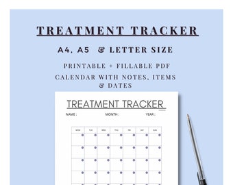 May include: A printable treatment tracker calendar in A4, A5, and letter size. The calendar has a blank grid for each day of the month, with spaces for notes and dates. The calendar is in black and white with a purple accent.