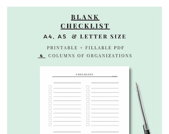 Five Column Blank Checklist. Printable + Fillable PDF. A4, A5 & Letter ...