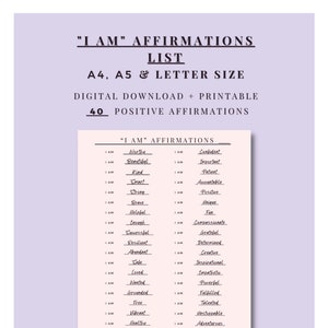 Liste der "ICH BIN" Affirmationen. 40 Positive Affirmationen. Digitaler Download + druckbar. A4, A5 & Letter Größen Bundle.