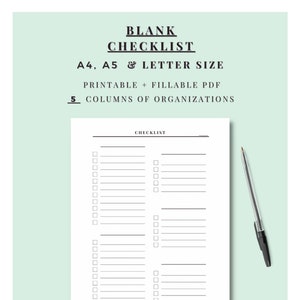 Five Column Blank Checklist. Printable + Fillable PDF. A4, A5 & Letter ...