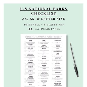 U.S National Park Checklist. Printable + Fillable PDF. A4, A5 & Letter ...