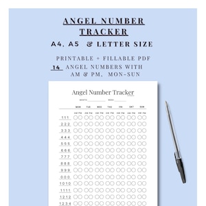 Può includere: Un tracker di numeri di angeli stampabile in bianco e nero con uno sfondo bianco. Il tracker ha una tabella con colonne per ogni giorno della settimana e righe per diversi numeri di angeli. Il tracker è etichettato come "Angel Number Tracker" e "EVORGANIZE".