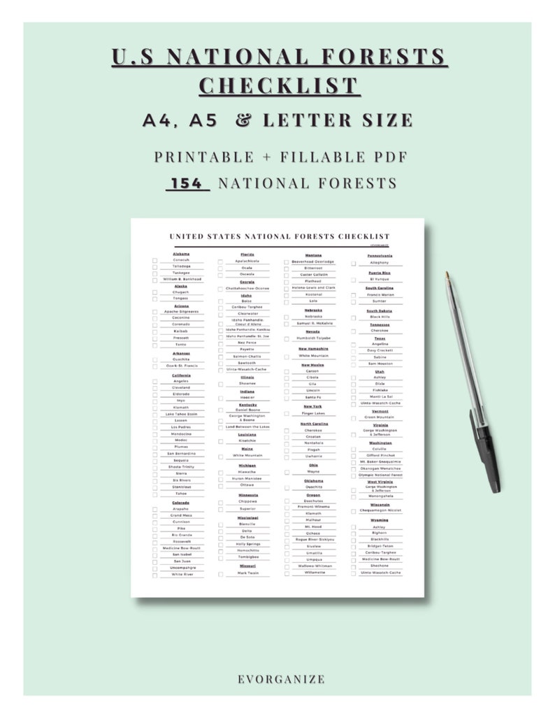 U.S National Forests Checklist. Printable + Fillable PDF. A4, A5 &amp; Letter Size Bundle. Organize ...
