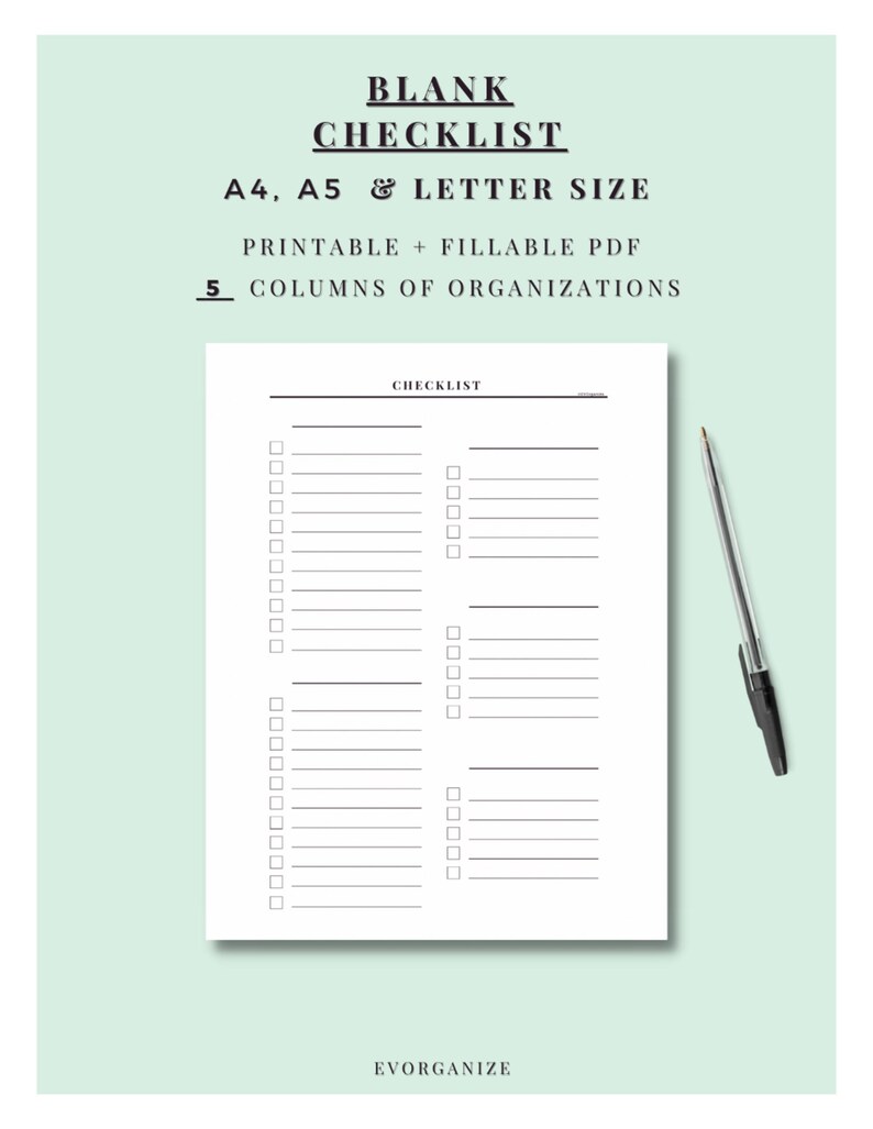 Checklist Rows Five Column Blank Checklist. Printable + Fillable PDF. A4, A5 & Letter ...