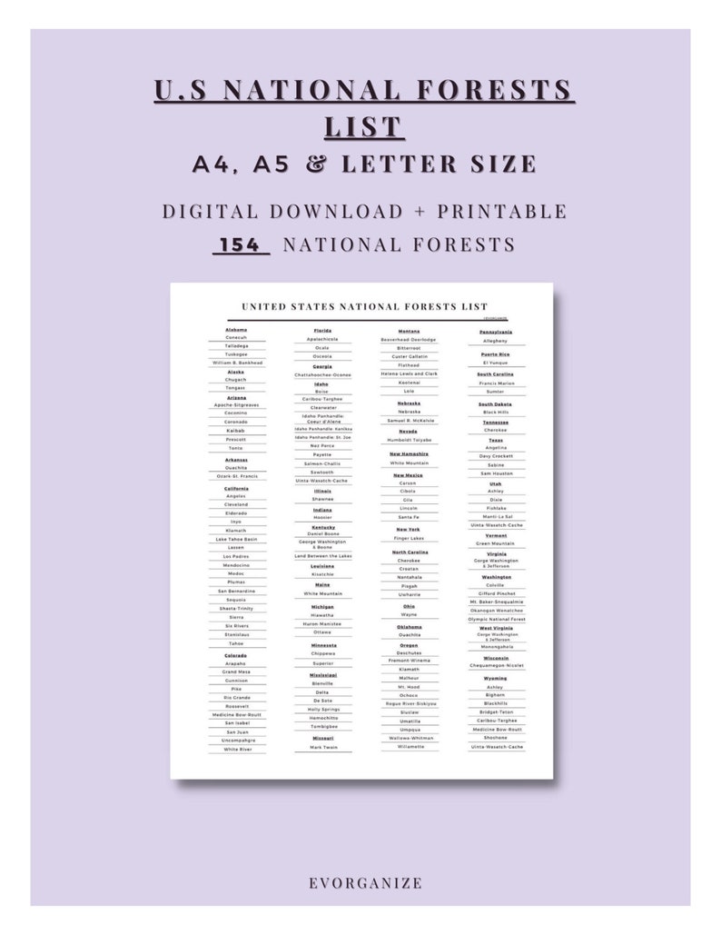 U.S National Forests List. Digital Download + Printable. A4, A5 ...