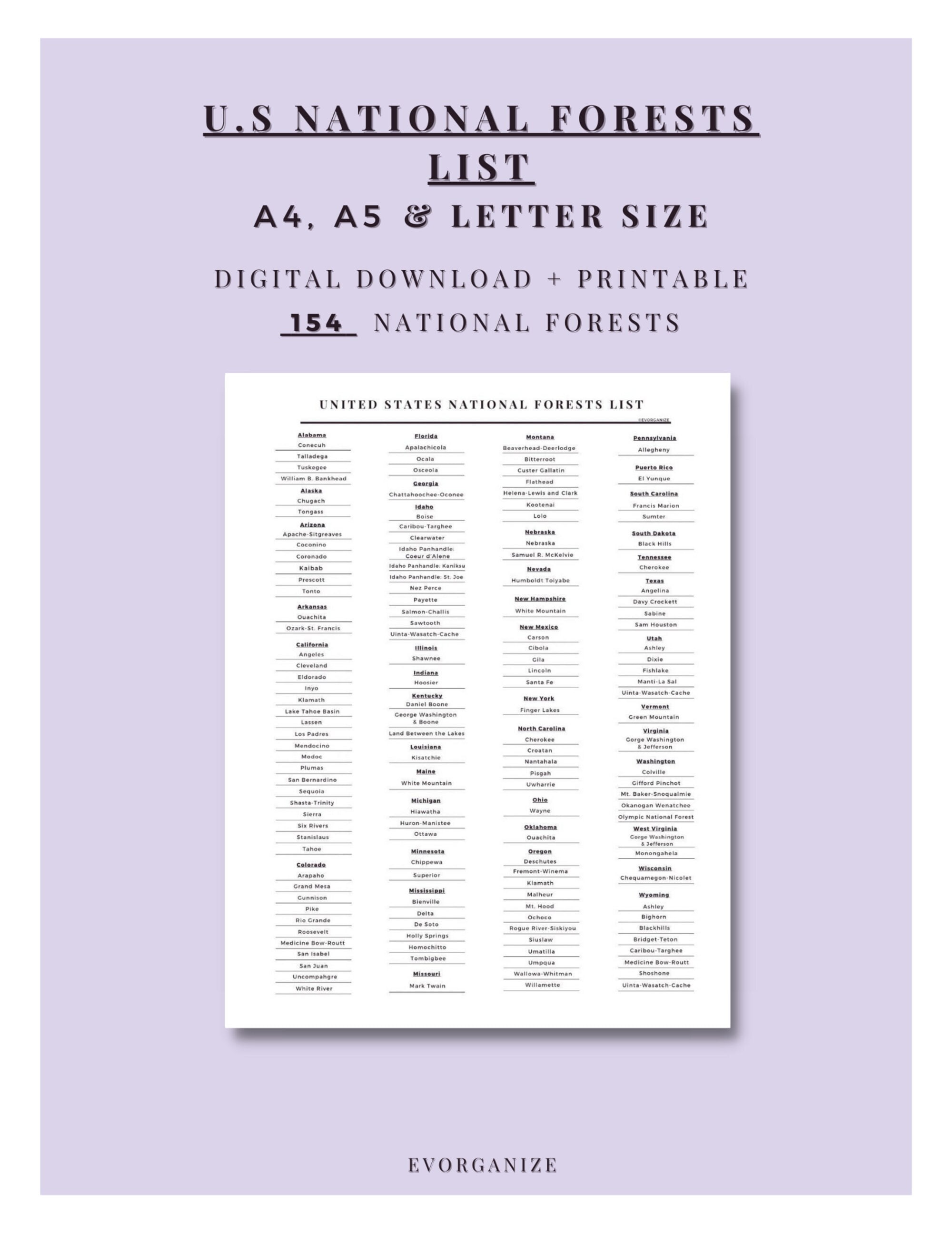 U.S National Forests List. Digital Download + Printable. A4, A5 & Letter Bundle. Easy Organizing ...