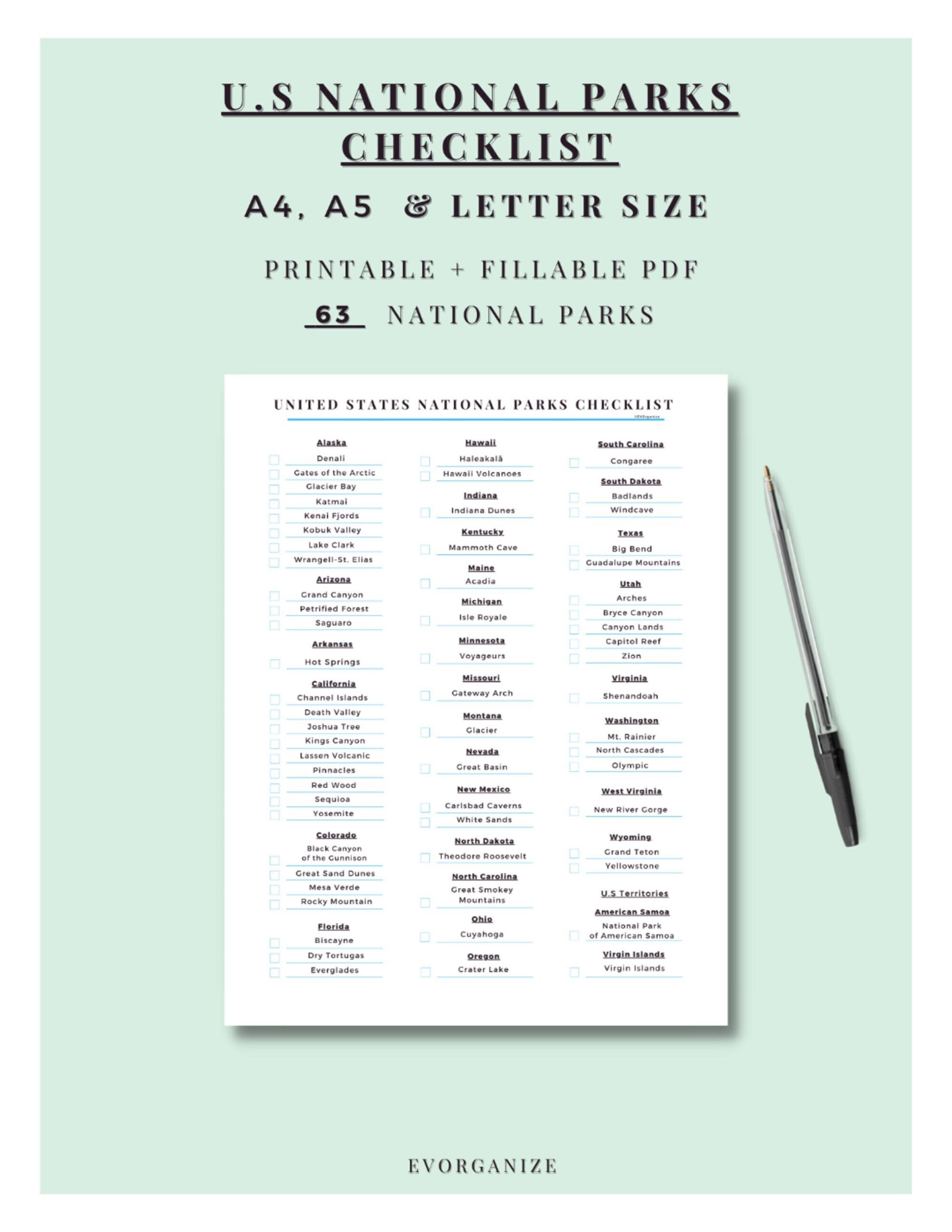 U S National Park Checklist Printable Fillable PDF A4 A5 Letter U S National Park Checklist Printable Fillable PDF A4 A5 Letter