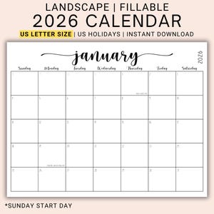 2026 Editable Calendar PDF | Fillable Monthly Planner Pages | Landscape Layout | Printable Schedule Organizer | Digital Download | CFWNH