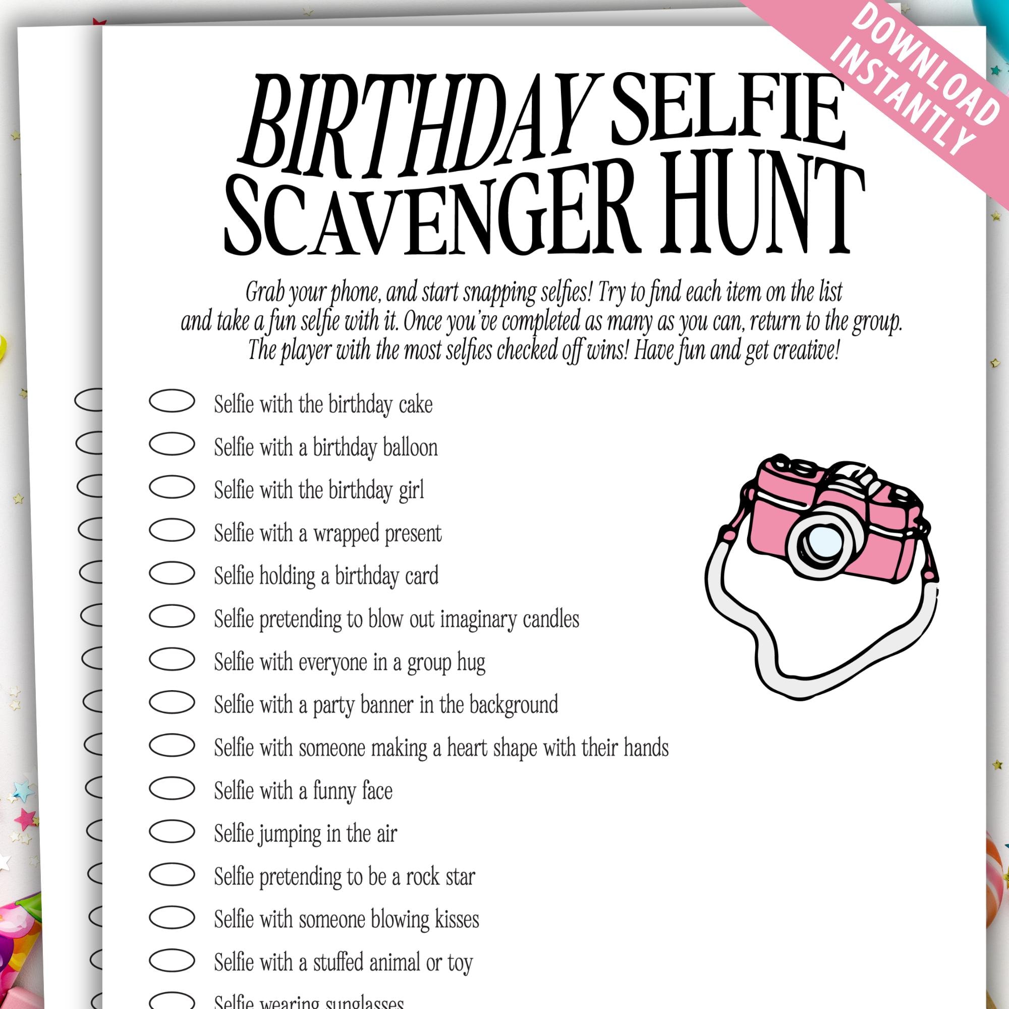 Teen or Tween Birthday Girl Selfie Scavenger Hunt Printable Game | Selfie Scavenger Hunt Birthday Game l | Teen Birthday Game