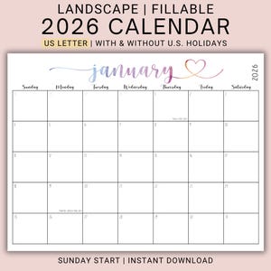 以下が含まれることがあります： 横向きの2026年記入式カレンダー。ページには1月のカレンダーが表示されており、水彩画風のグラデーションのヘッダー、ハートのアイコン、日曜日から始まるグリッドレイアウトが特徴で、米国の祝日が含まれています。