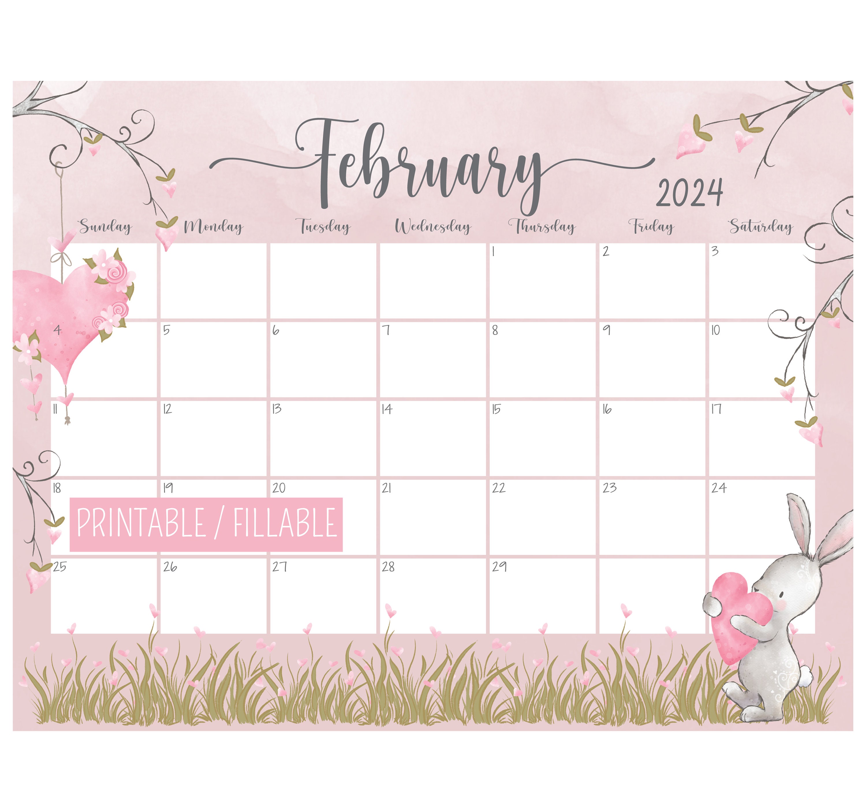 2024 February Printable Calendar Editable Valentines Day Calendar