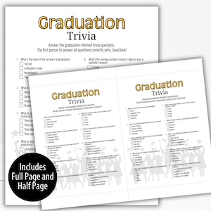 May include: A printable graduation trivia game with black and white illustrations of people wearing graduation caps and gowns. The game includes questions about graduation traditions and facts. The text on the page reads "Graduation Trivia" and "Answer the graduation-themed trivia questions. The first person to answer all questions correctly wins. Good luck!"