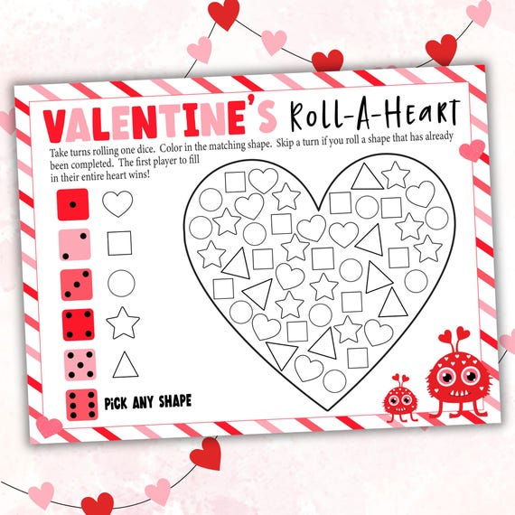 Fun Printable Valentine Roll a Dice Game for All Ages | Valentine Shapes Game for Kids | Roll a Heart | Classroom Valentines Game for Kids