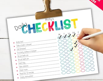 May include: A printable daily checklist with a colorful title "Molly's CHECKLIST". The checklist includes tasks like "Make bed", "Take a bath/shower", "Get dressed", "Put dirty clothes in hamper", "Brush teeth am", "Brush teeth pm", "Feed dog", "Take vitamins", "Clean room", "Read for 15 minutes", and "Empty dishwasher". The checklist is designed for a week with columns for each day of the week: Monday, Tuesday, Wednesday, Thursday, Friday.