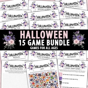 以下が含まれることがあります： ハロウィーンをテーマにした、あらゆる年齢層向けの15種類のゲームのバンドル。紫とピンクの花柄とクモの巣のデザイン。ゲームタイトルには「Candy Match」や「I Spy」などがあります。