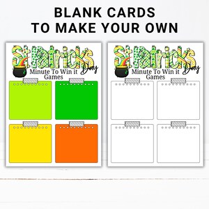 May include: Two St. Patrick's Day themed blank card designs. One features colorful squares in green, yellow, and orange, with the text "Minute To Win it Games". The other is a black and white version of the same design.