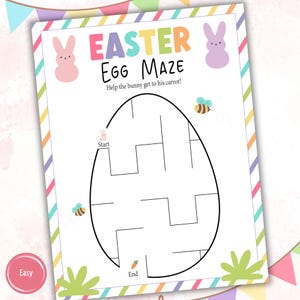 May include: An Easter egg maze printable activity sheet with a bunny, bees, and carrots. Help the bunny get to the carrot by following the path through the maze.