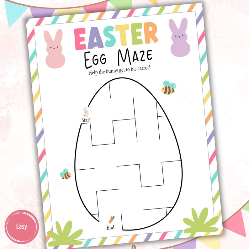 May include: An Easter egg maze printable activity sheet with a bunny, bees, and carrots. Help the bunny get to the carrot by following the path through the maze.