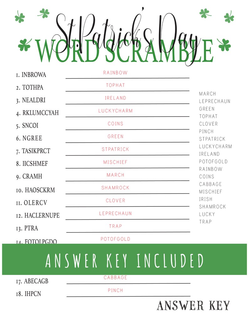 St Patricks Day Word Scramble St Patricks Day Printable Games Printable ...