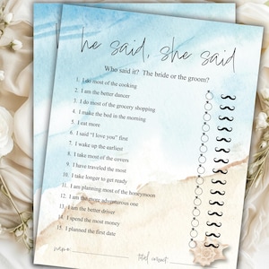 Printable He Said She Said Game for Bridal Shower Wedding Shower Fun Couples Game About the Bride and Groom Party Activity Instant Download