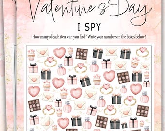 May include: A printable Valentine's Day I Spy game with a pink background and gold glitter. The game features a grid of images including hearts, rings, perfume bottles, cupcakes, gift boxes, and chocolate boxes. The text "Valentine's Day" and "I Spy" are written in black at the top of the page. The text "How many of each item can you find? Write your numbers in the boxes below!" is written in black below the grid of images.