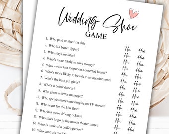 Może przedstawiać: Drukowana gra ślubna o nazwie "Wedding Shoe Game" z 15 pytaniami o parę. Każde pytanie ma dwie odpowiedzi: "Ona" lub "On".