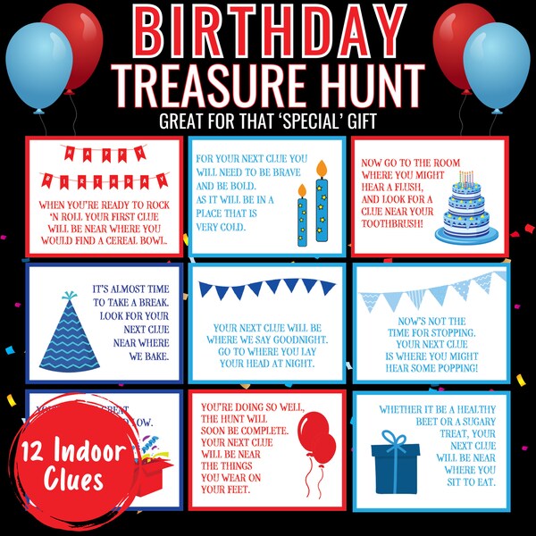 Birthday Scavenger Hunt, Birthday Party Games, Printable Birthday, Treasure Hunt, Red and Blue | Birthday Gift Hunt | Indoor Birthday