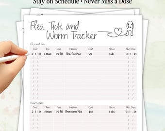 以下が含まれることがあります： 「Flea, Tick & Worm Tracker」と題された白いペット用投薬記録。日付、時間、投与量、薬、費用、メモ、次回の投与量などのセクションが含まれています。記録の上部には「Stay on Schedule • Never Miss a Dose」と書かれています。
