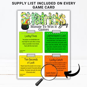 May include: A St. Patrick's Day game card with four different Minute to Win It games. Each game has a title, instructions, and a list of supplies needed. The card features a pot of gold and a rainbow.