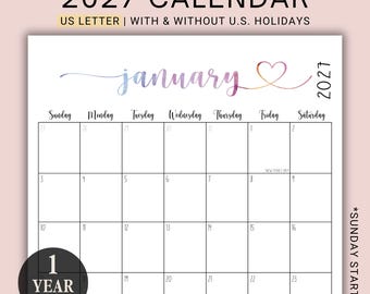 May include: A portrait-oriented 2027 calendar page for January featuring a watercolor-style gradient text header, a heart graphic, and a grid layout with Sunday start days. The text includes PORTRAIT | FILLABLE 2027 CALENDAR, US LETTER, and 1 YEAR INCLUDED.