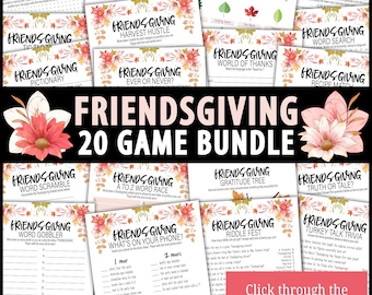 May include: A Friendsgiving 20 Game Bundle with various Thanksgiving-themed games. The games include Word Search, Pictionary, and Trivia. The bundle features floral and leaf designs with the words "Friendsgiving" and game titles.