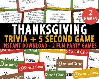 May include: A Thanksgiving trivia game with a 5-second game. The game includes two sets of cards with questions and answers. The cards are red, green, yellow, and brown. The text on the cards is black. The game is perfect for a Thanksgiving party.