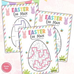 May include: Three printable Easter egg maze activity sheets featuring a pink bunny rabbit, bees, and the text "Easter Egg Maze" with instructions to help the bunny get to his carrot.